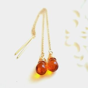 AMBER GLASS THREADER EARRINGS GOLD CHAIN OR SILVER